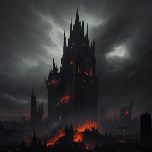 Dragon in Ruined City: Hyperdetailed Charcoal Art