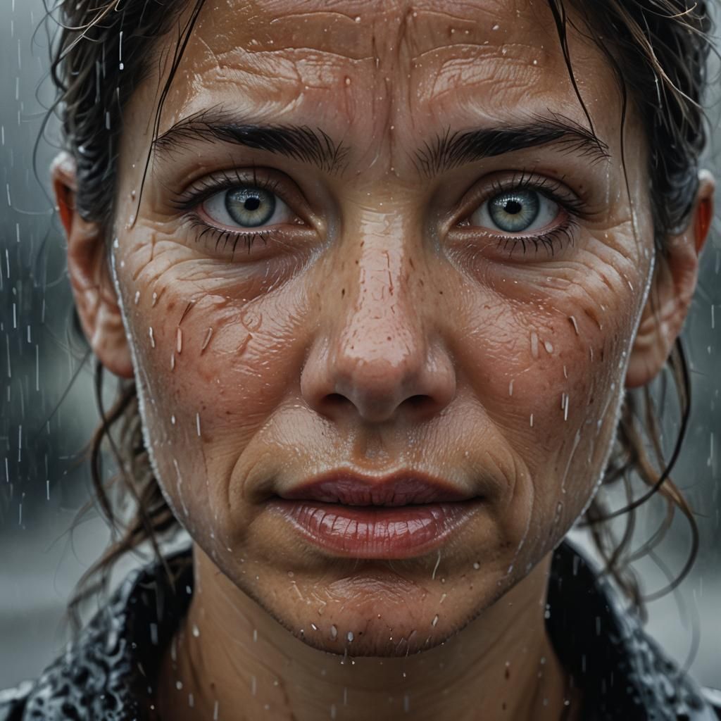 Realistic Portrait of Woman in Downpour
