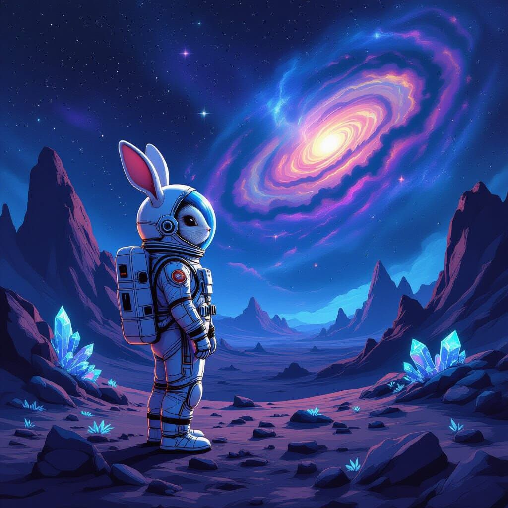 Astronaut Rabbit Gazes at Nebula on Alien Planet