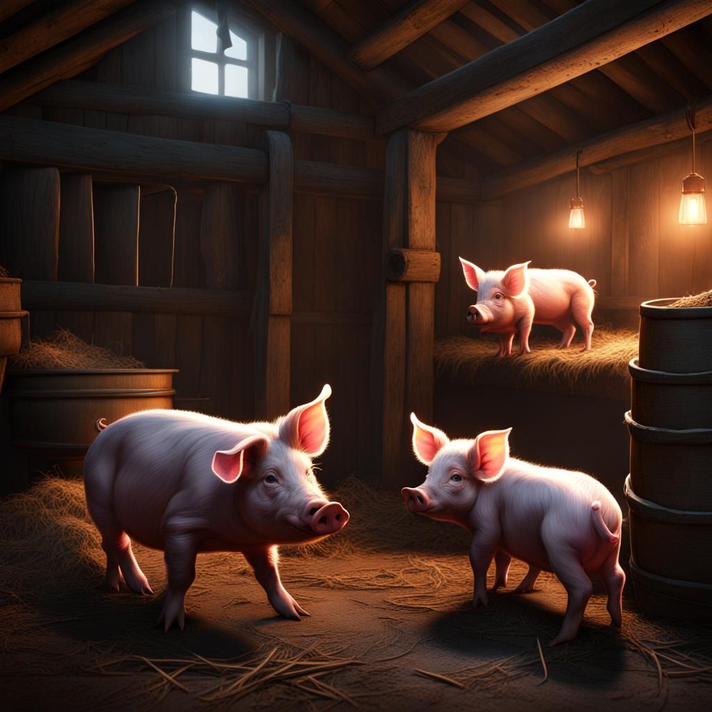 Piglets with Mother in Barn: Matte Painting