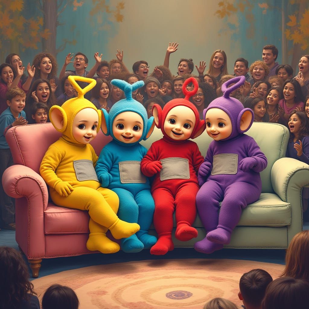 Teletubbies on Oprah in Whimsical Camille Rose Garcia Style