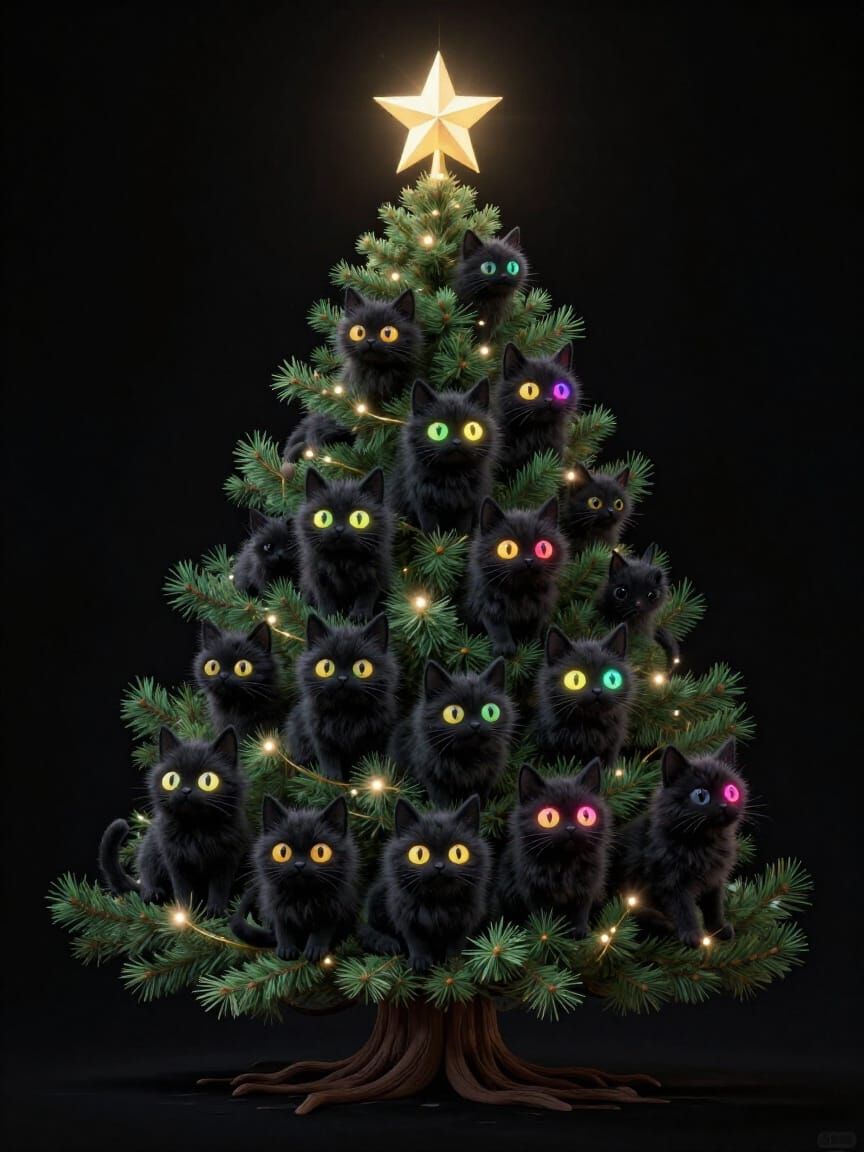 Whimsical Christmas Tree Adorned With Fluffy Black Cats