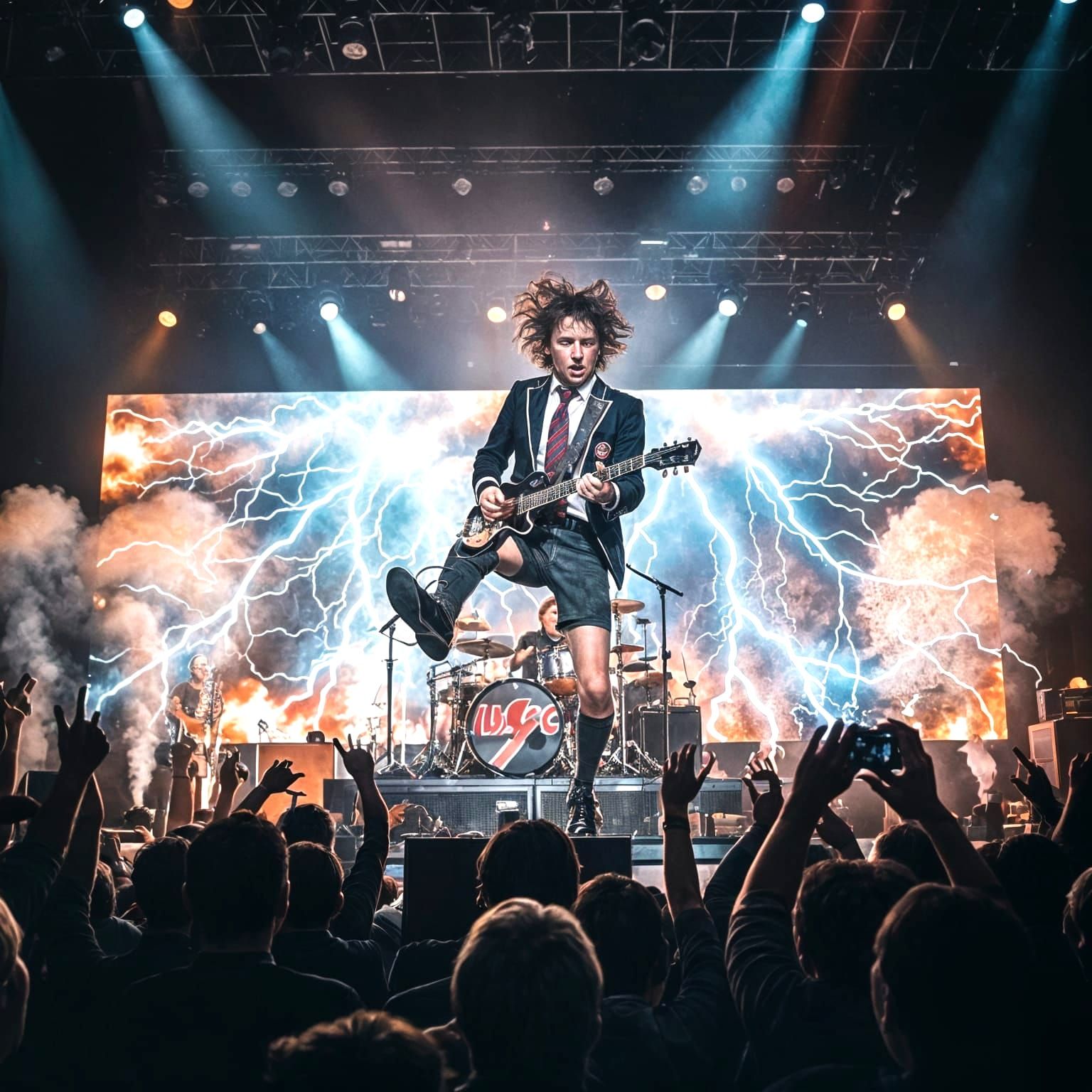 AC/DC Live Concert with Schoolboy Guitarist and Lightning