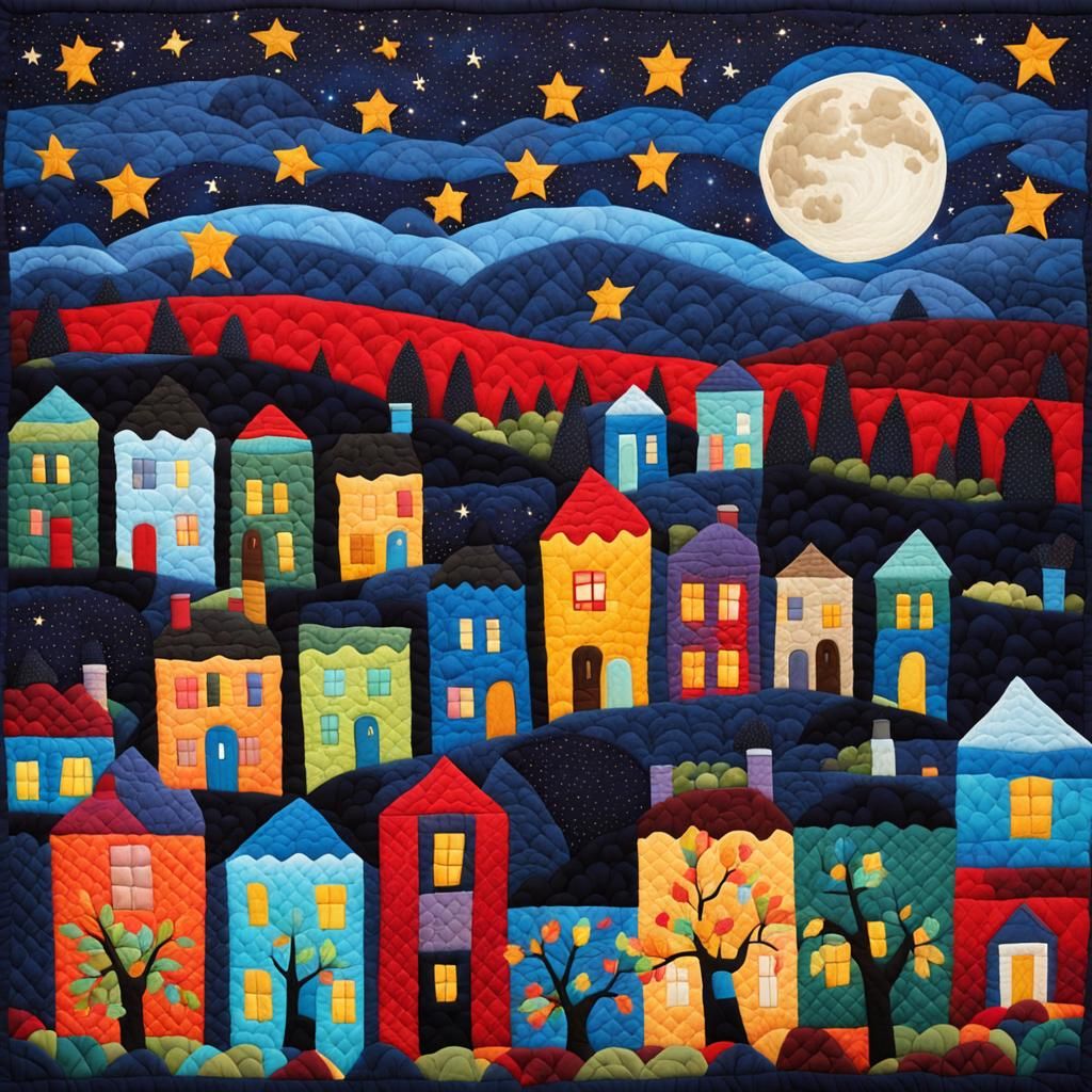 Quilted Town: Night Scene Under Stars