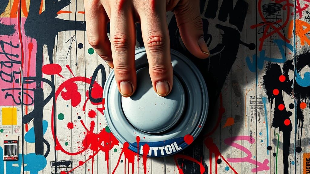 Frenzied Hand Hesitates Over Ominous Button in Vibrant Graff...