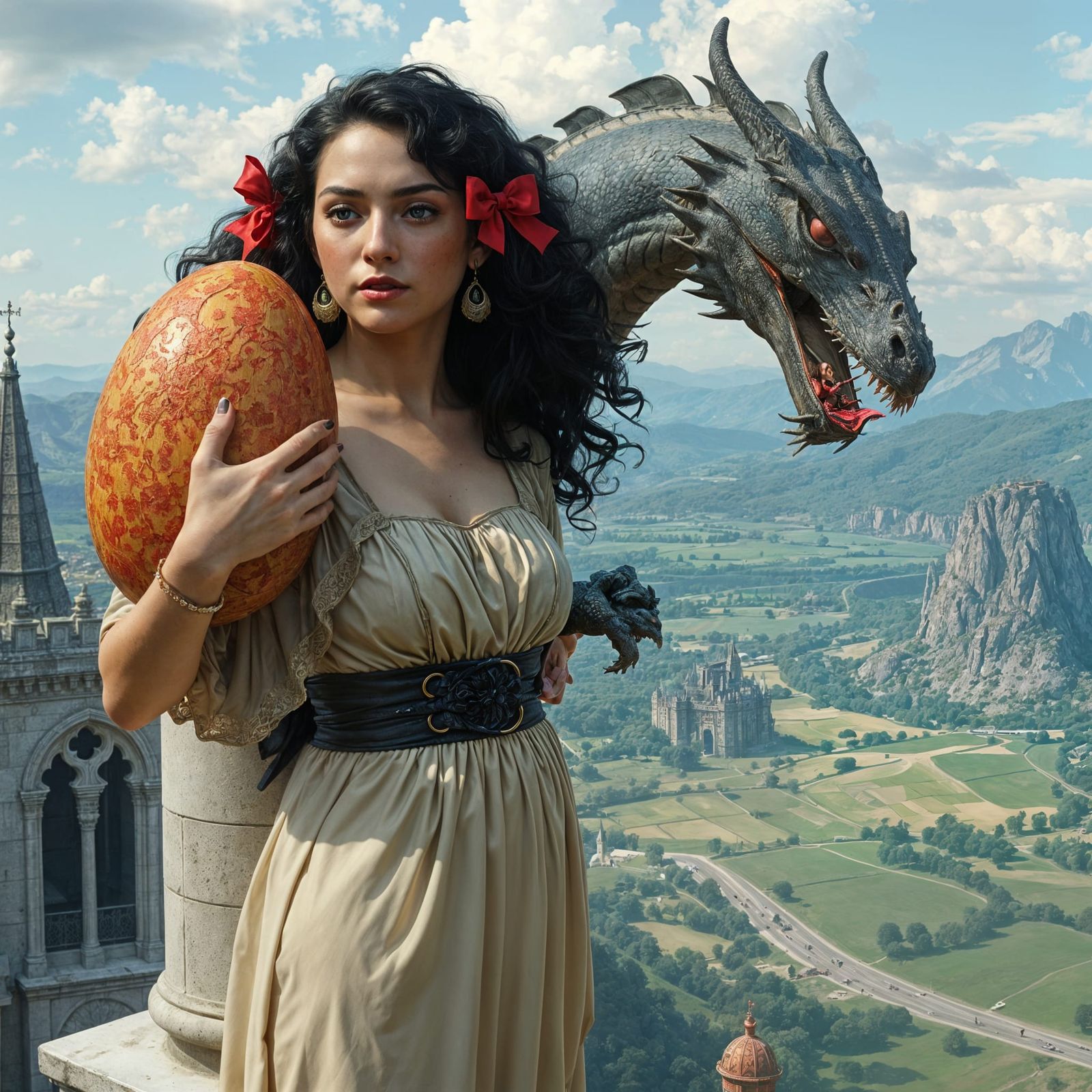 A Regal Fantasy: A Short Woman Cradles a Dragon Egg on a Cas...