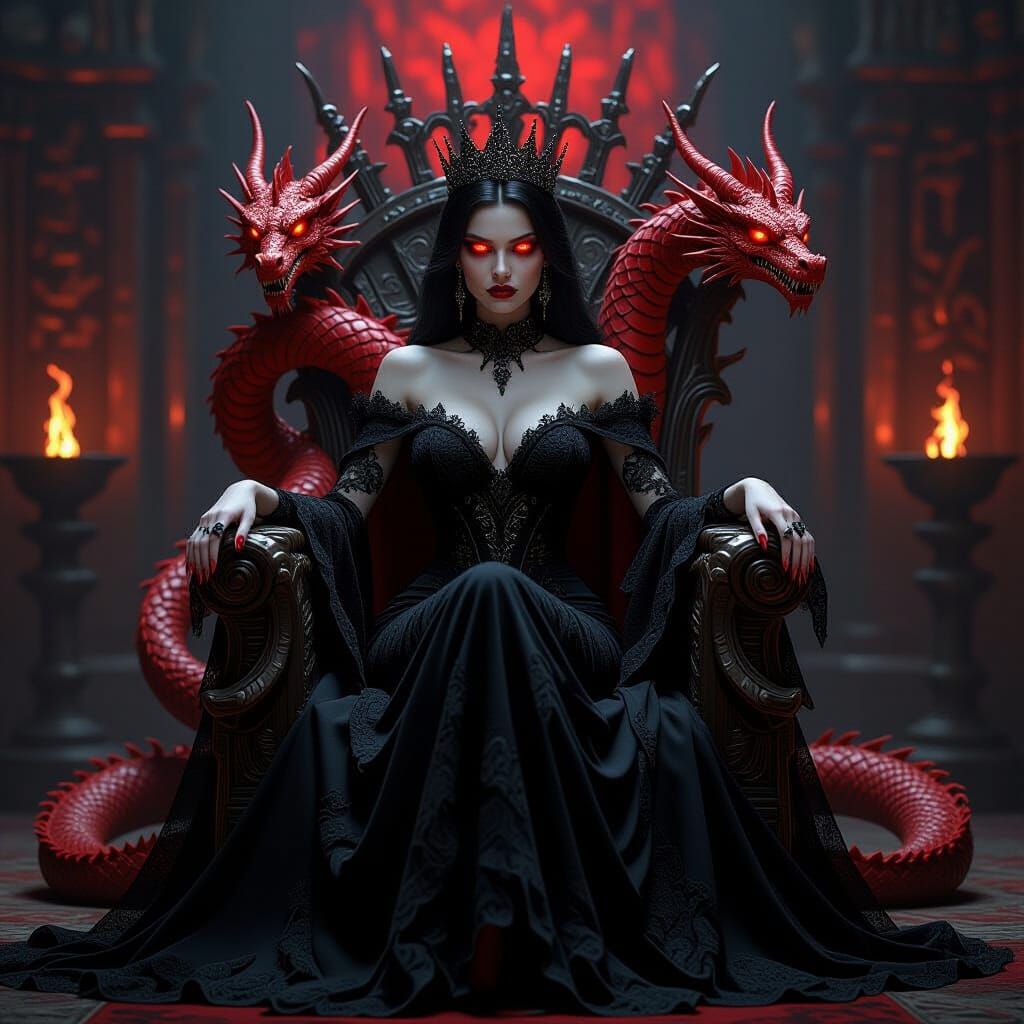 Babylonian Vampire Queen on Dragon Throne in Hyperrealism