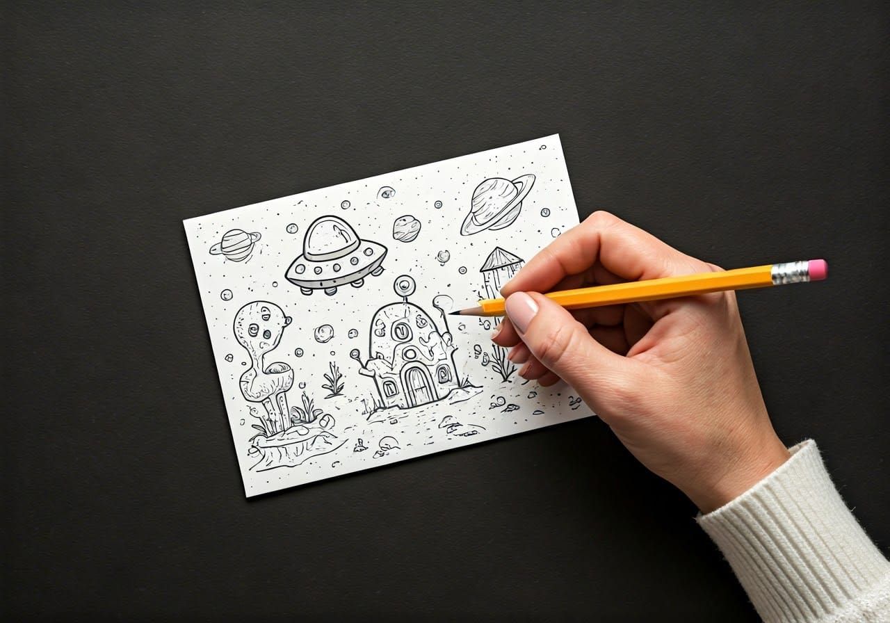 Doodles of Cute Aliens and Spaceships on Envelope
