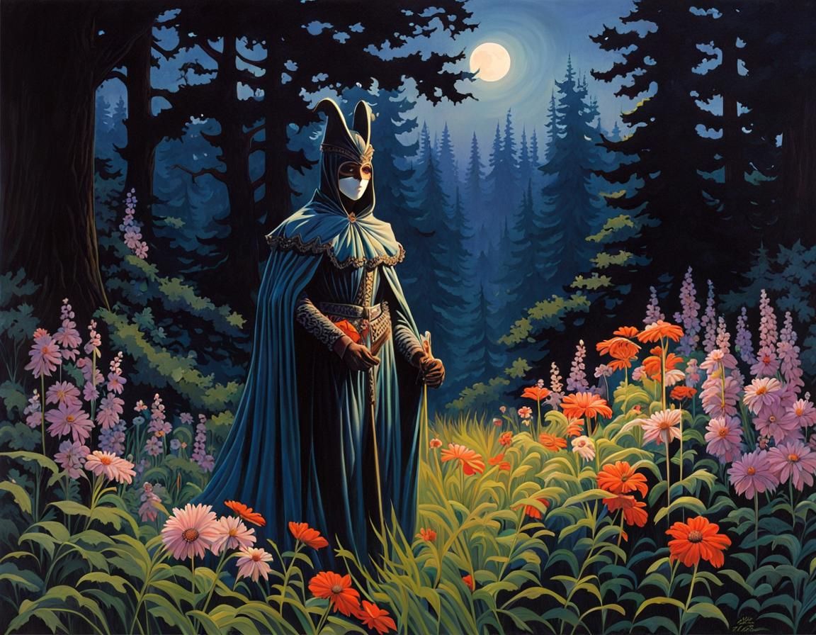Masked Figure in Flowery Glade: Gouache Art