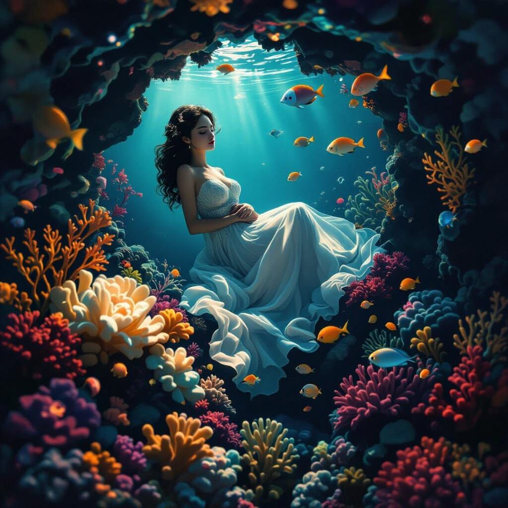Underwater Dreamscape of Serene Woman and Marine Life