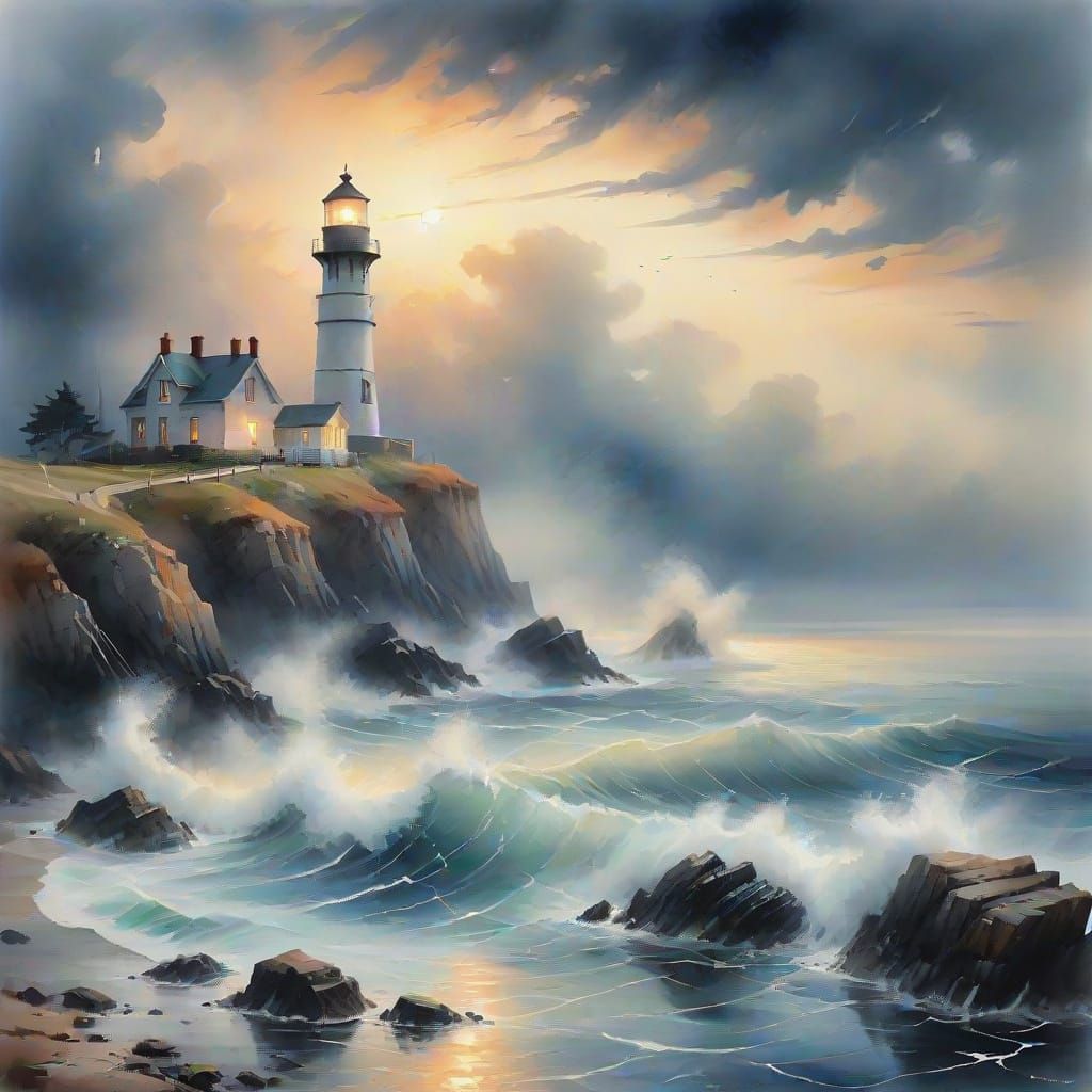 Lighthouse at Dawn: A Watercolor Painting in Turner Style
