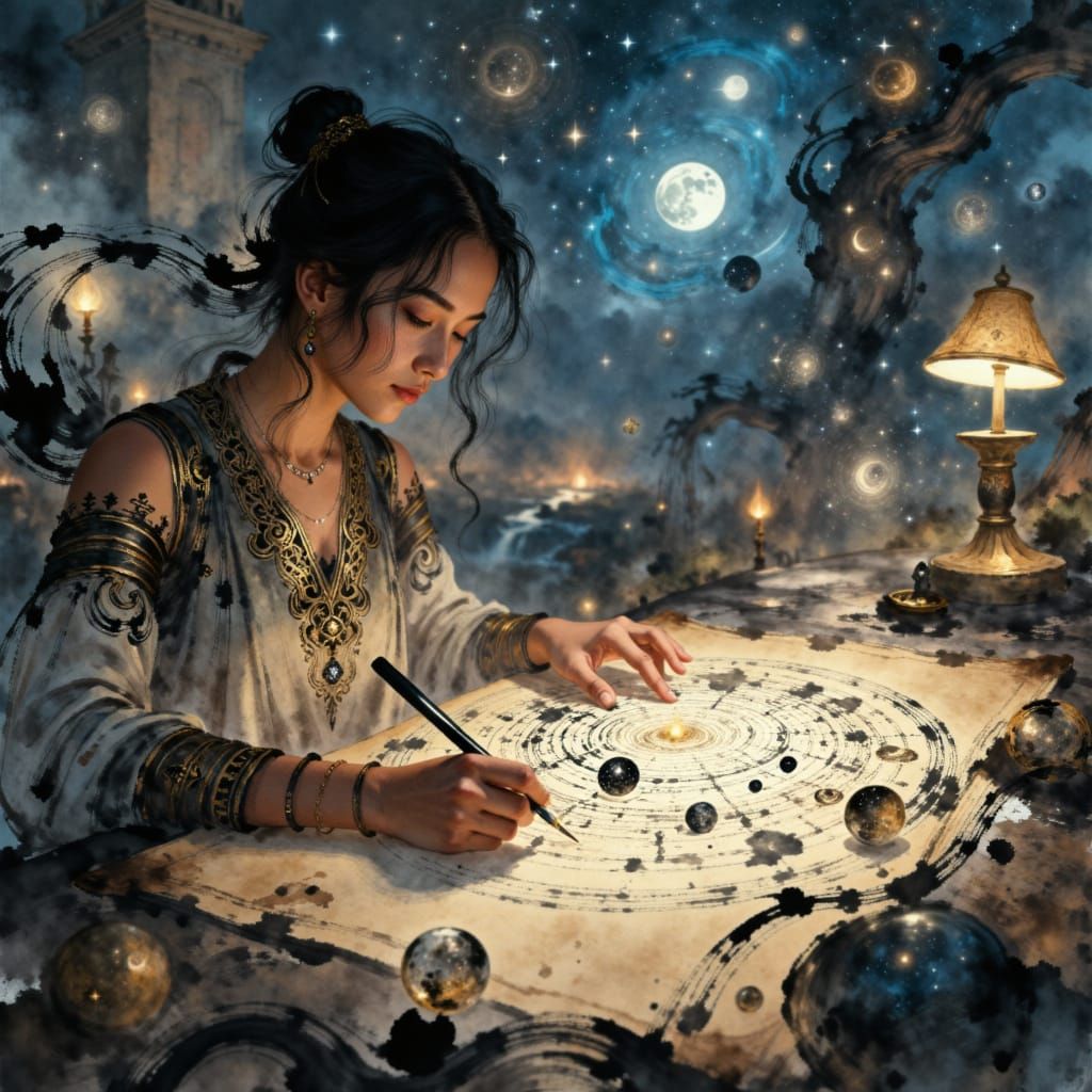 Magical Realism Cartographer Drawing Celestial Map