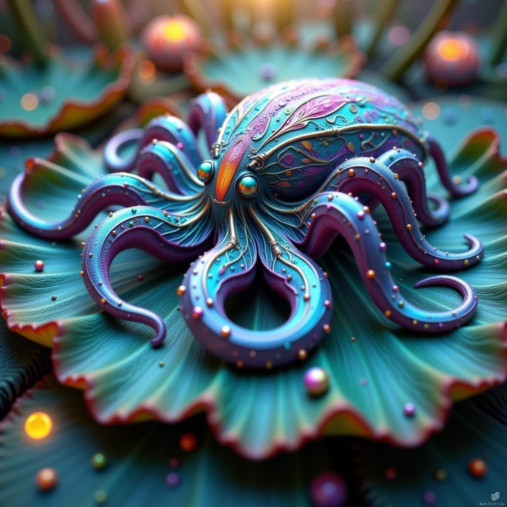 Surreal Fae-Inspired Octopus Unfurls on a Dreamy Lilypad