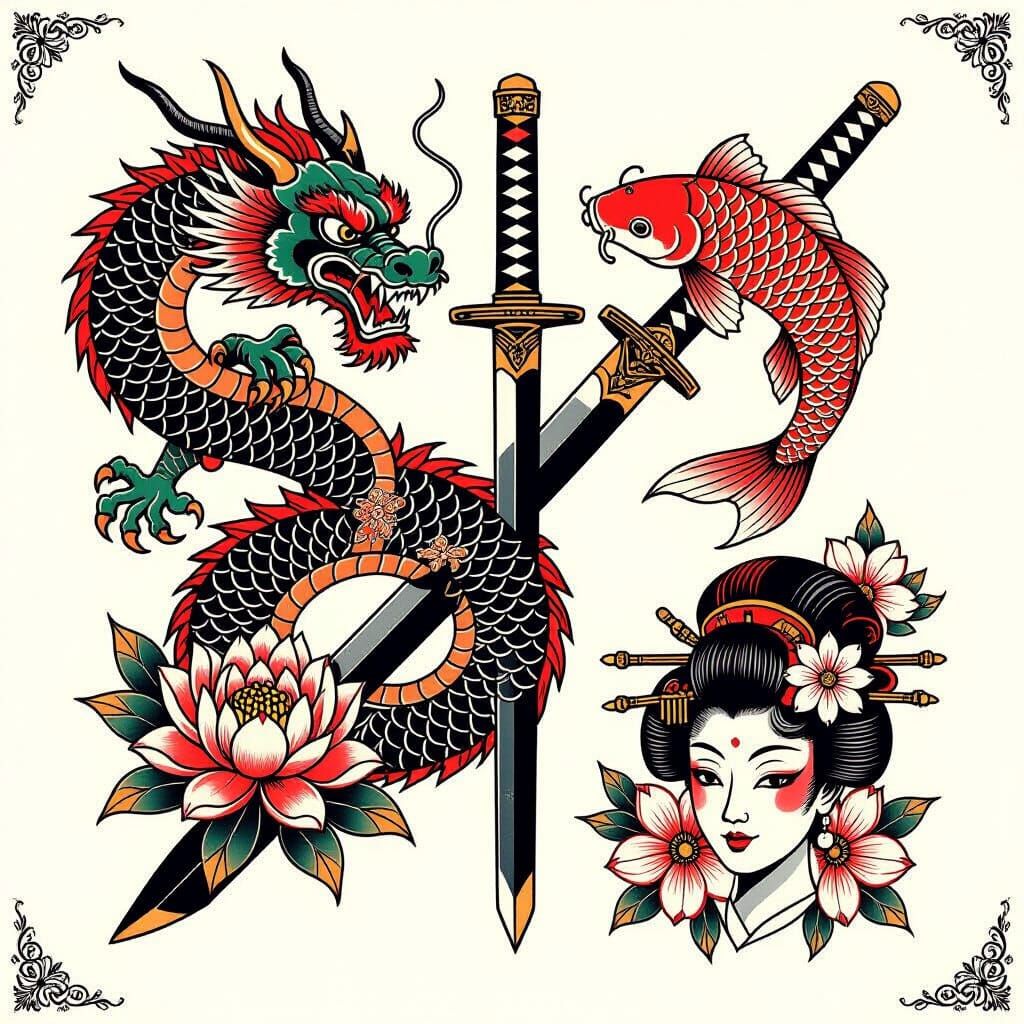 Dragon and Koi Traditional Tattoo Sheet Design