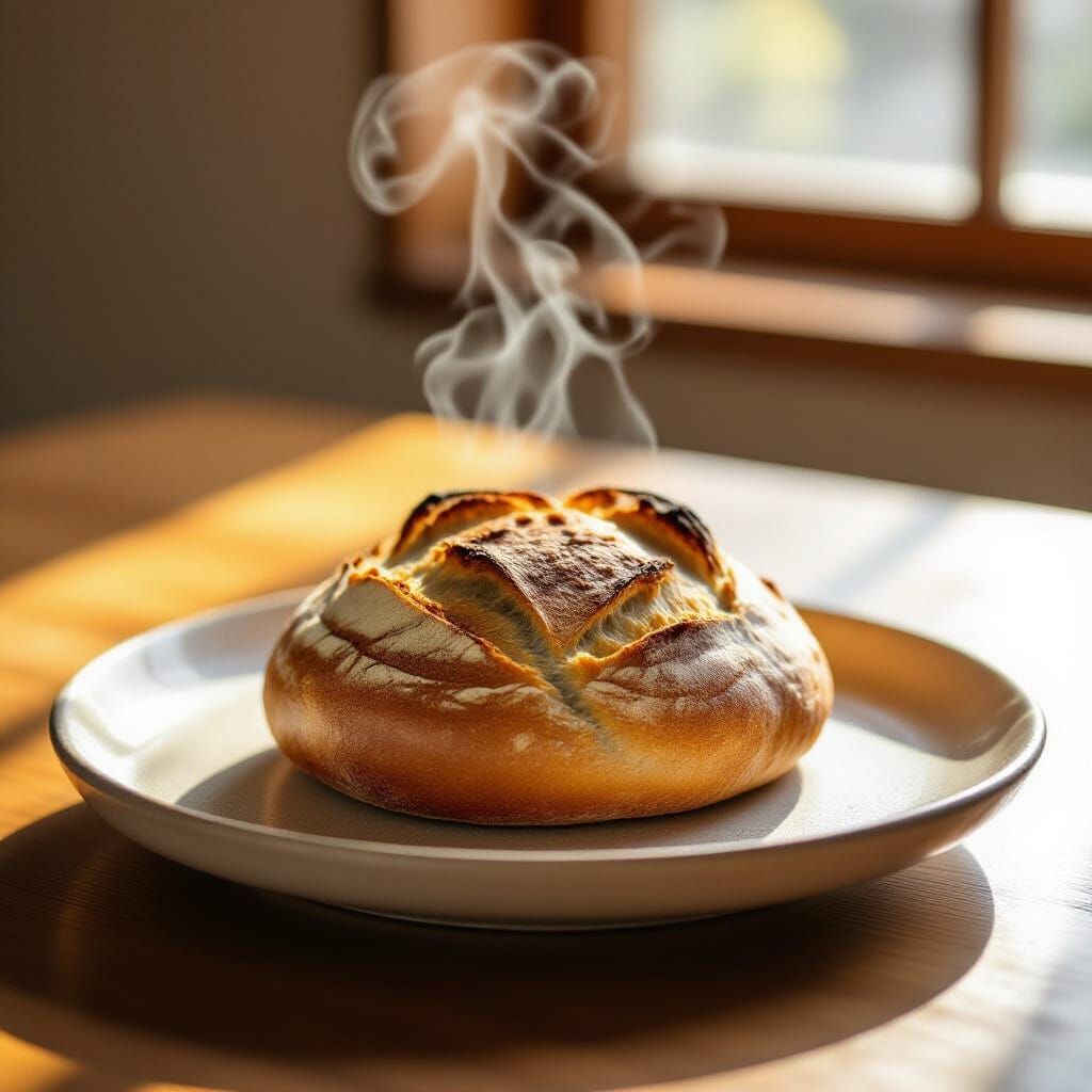 Steaming Rustic Bread on Japanese Plate in Golden Hour Light