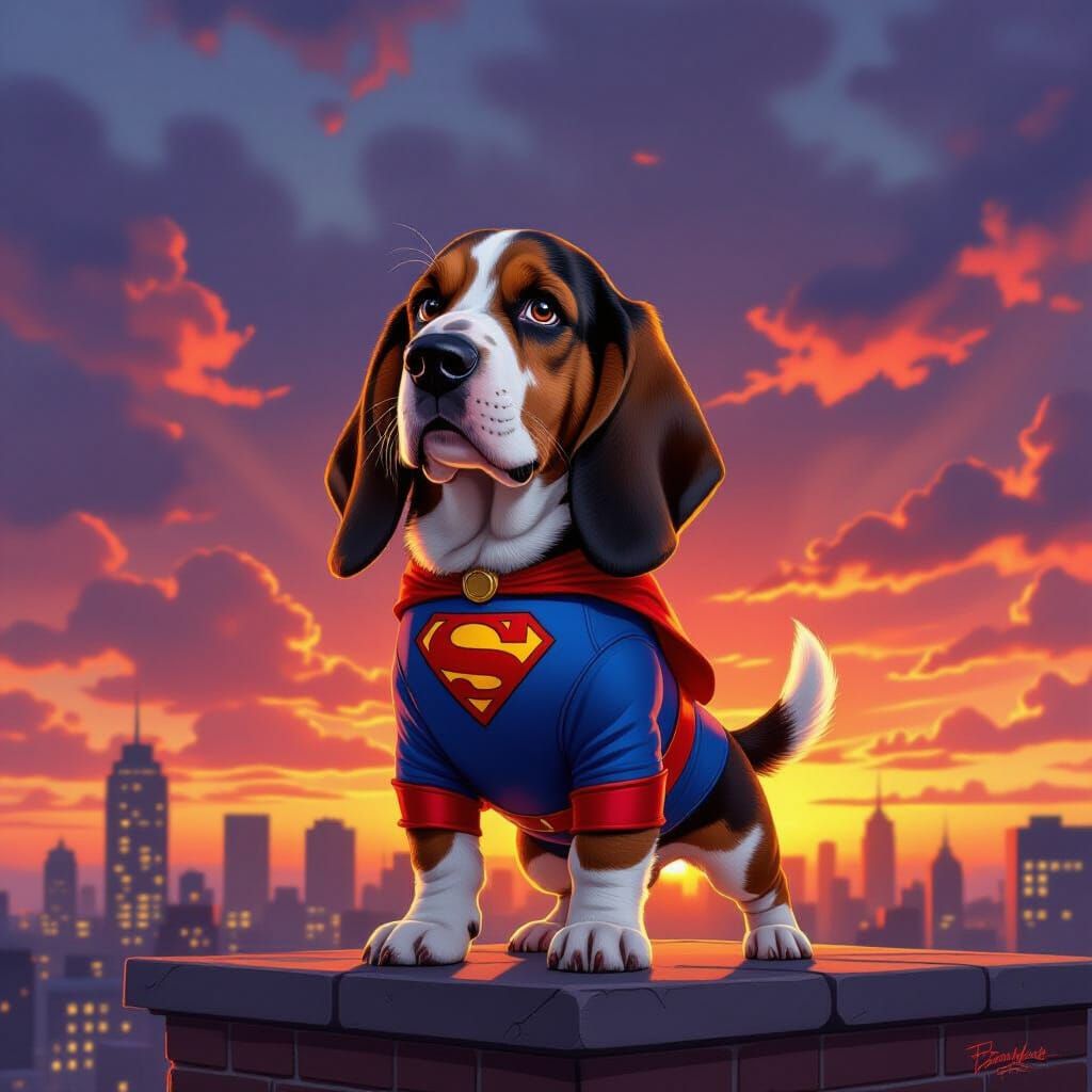Basset Hound Superhero on Rooftop at Sunset