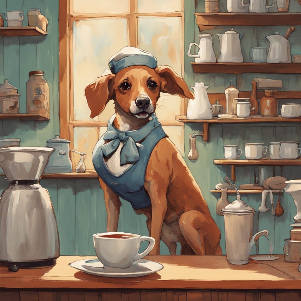 Barista Dog in Cozy Coffee Shop