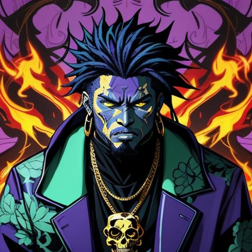 Anime Rapper with Skulls, Fire, and Ice in Vibrant Digital A...