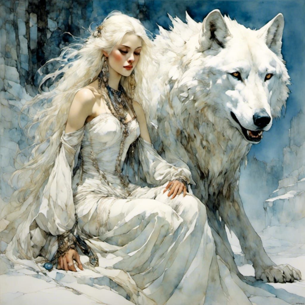 White-Haired Woman with White Wolf Companion