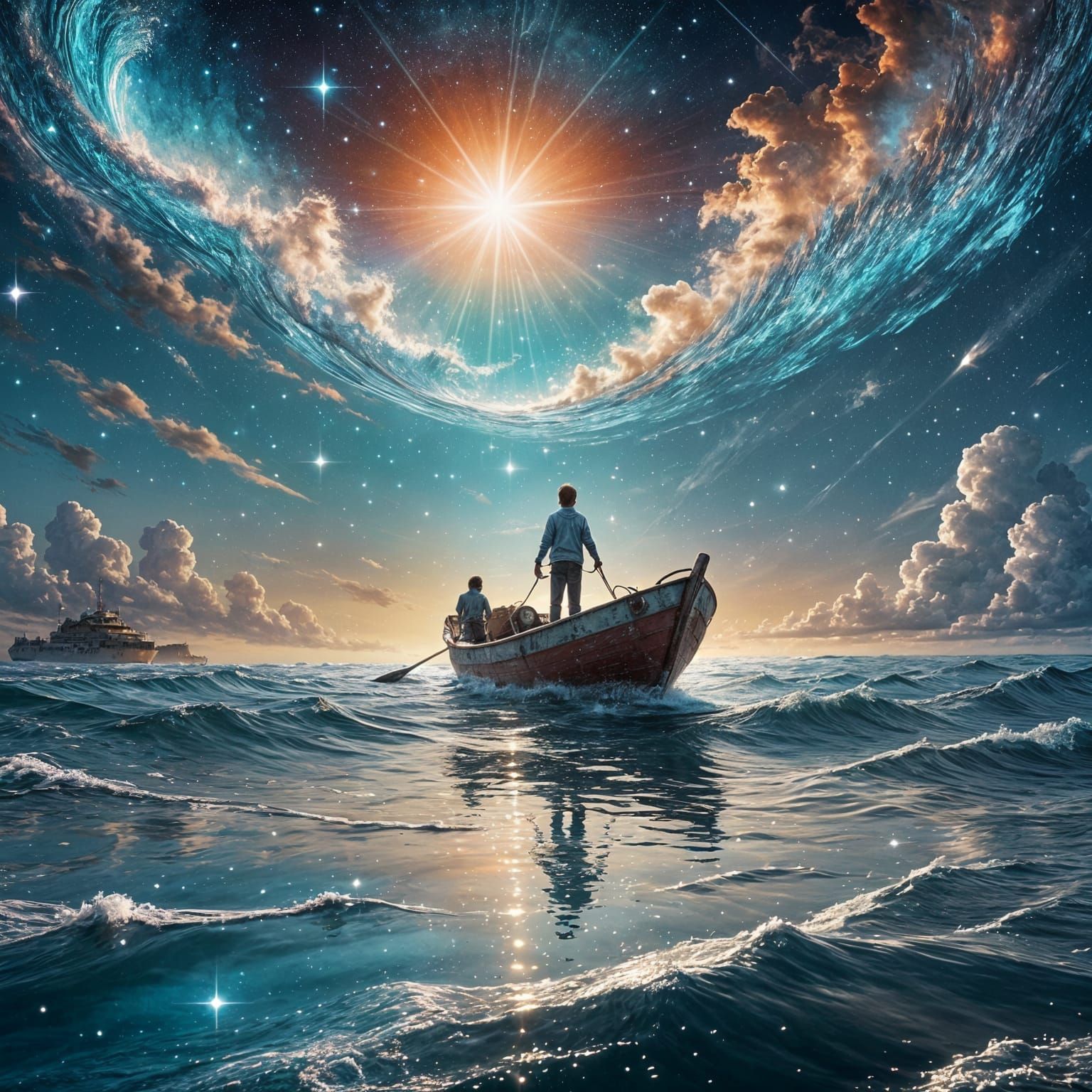 Rusty Boat on Cosmic Ocean with Silver Glitter