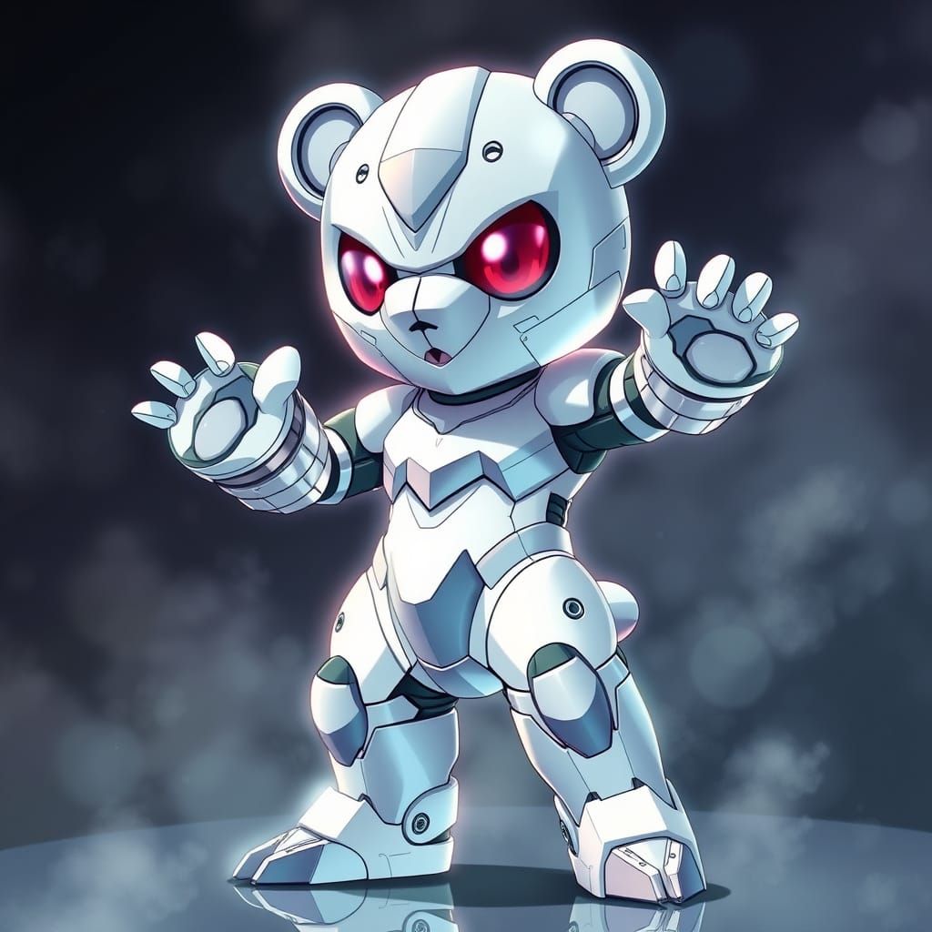 Heroic White Metal Baby Bear Digimon in Anime Style