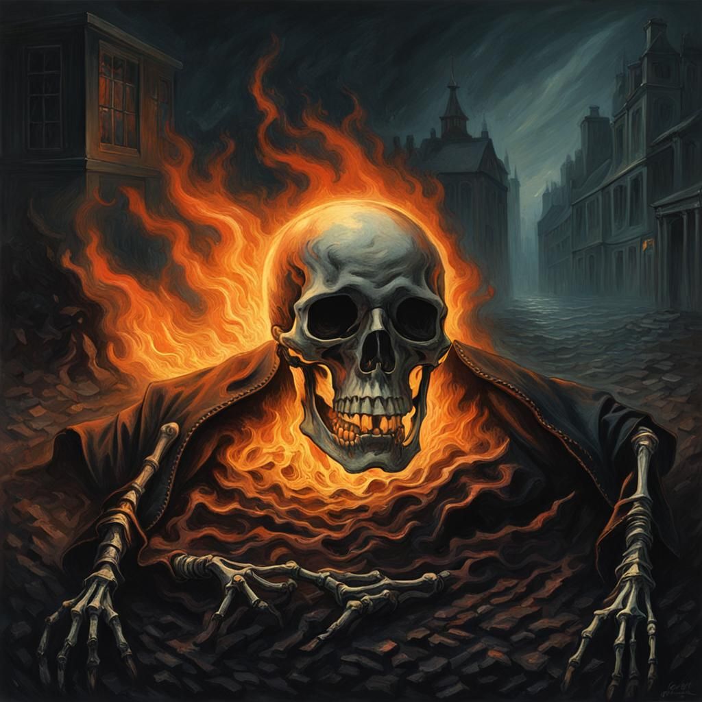 Fiery Skeleton Head in Leather Jacket