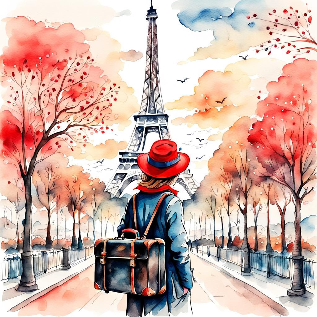 Eiffel Tower Traveler in Dreamy Watercolor Style
