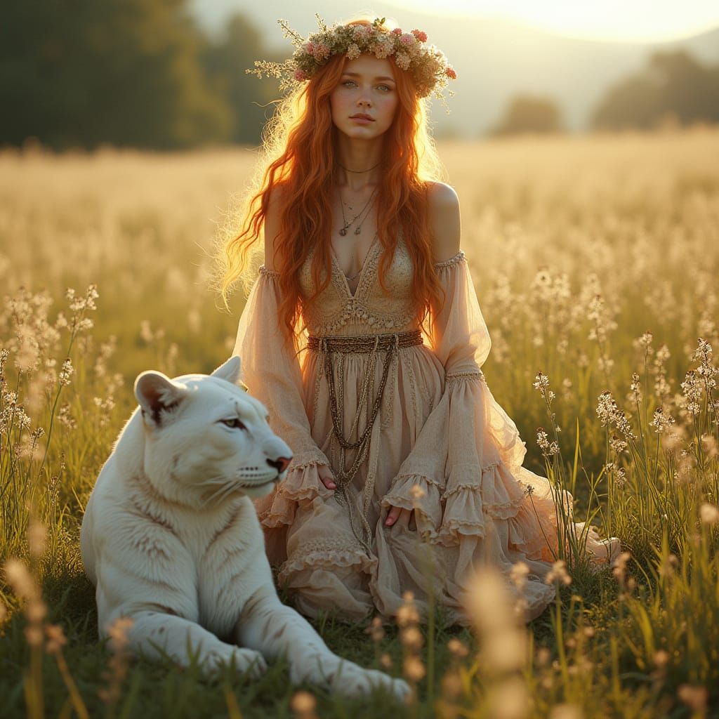 Ginger Goddess in a Sun-Kissed Meadow with Majestic White Pa...