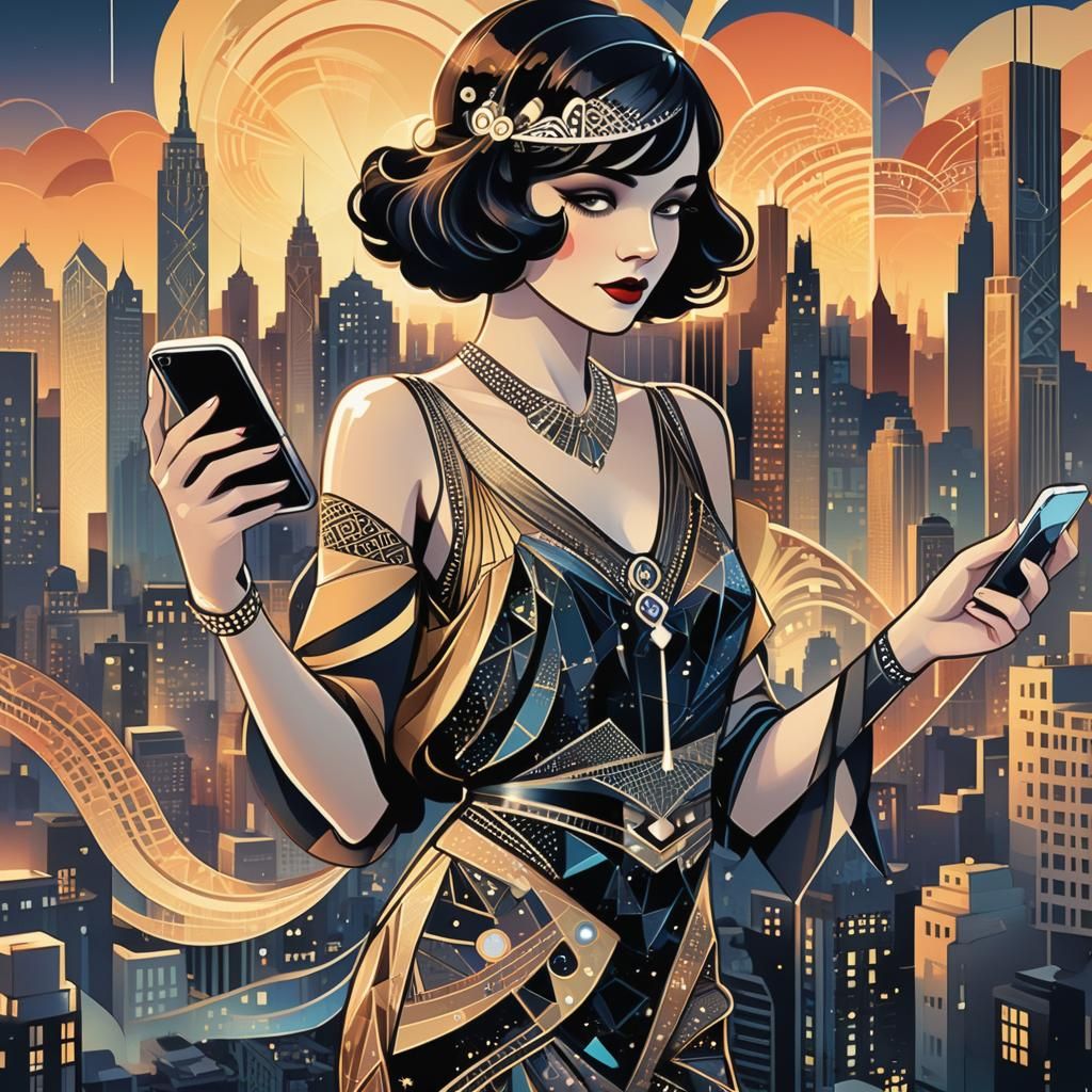 Art Deco Flapper Girl with iPhone at Sunset