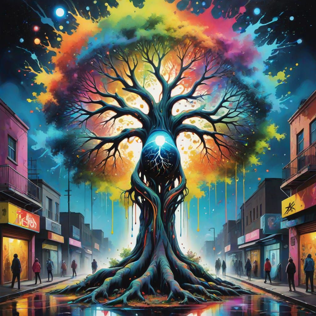 Bioluminescent Tree of Life in Graffiti Art Style