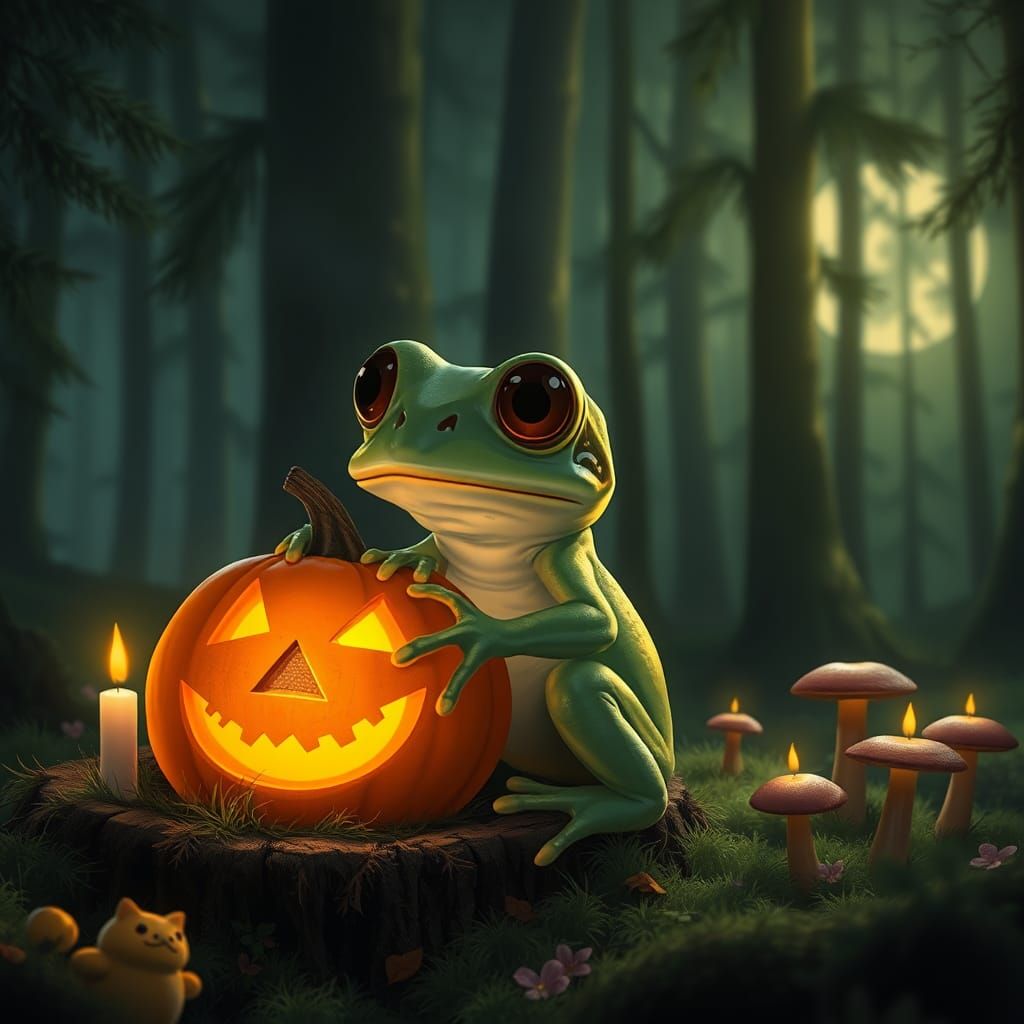 Baby Toad Carving Jack-o'-Lantern on Halloween Night
