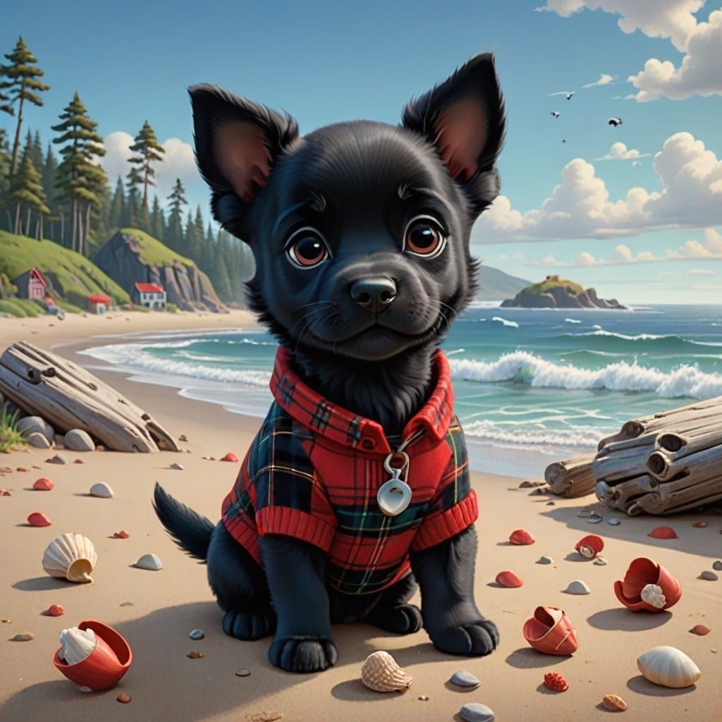 Cute Black Puppy Finds Seashell: 3D Pixar Cartoon