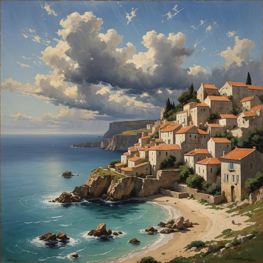 Greek Cliffside Village Oil Painting