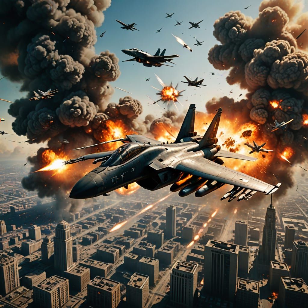 Epic Dogfight Over Burning City in Dramatic Concept Art