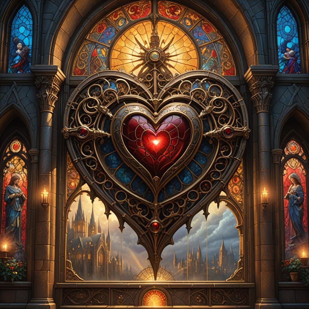 Gothic Steampunk Heart in Cathedral with Biblical Horror