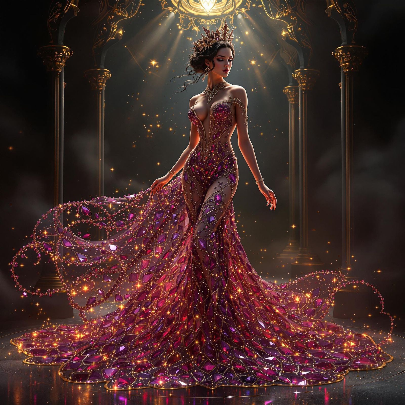 Regal Ruby Goddess in Art Nouveau Splendor