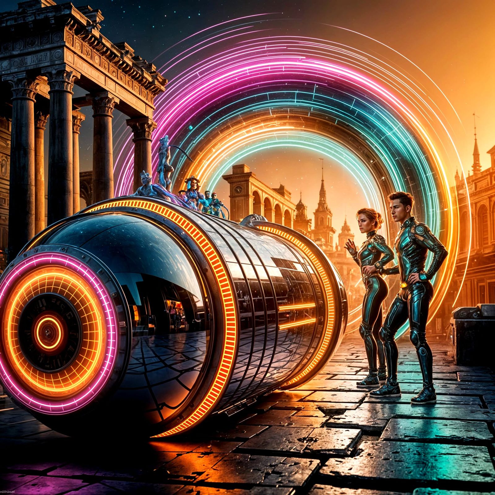 Vibrant Time Travel Adventure in Chrome and Neon