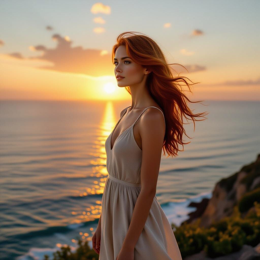 Woman Overlooking Ocean at Sunset: Hyperrealistic Photo
