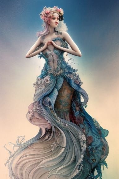 Baby Shark Rococo Wedding Dress: Hyperdetailed Illustration