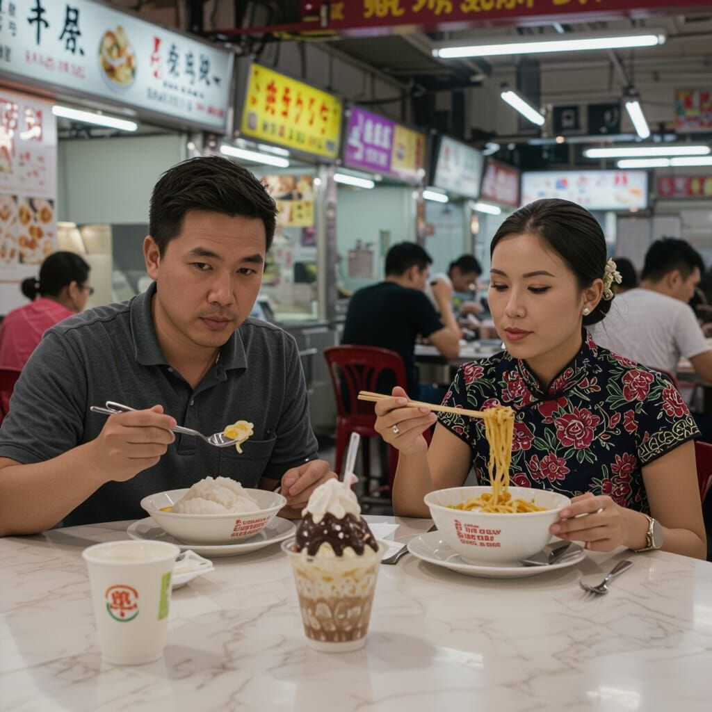 Bustling Hawker Centre Scene in Photorealistic Style