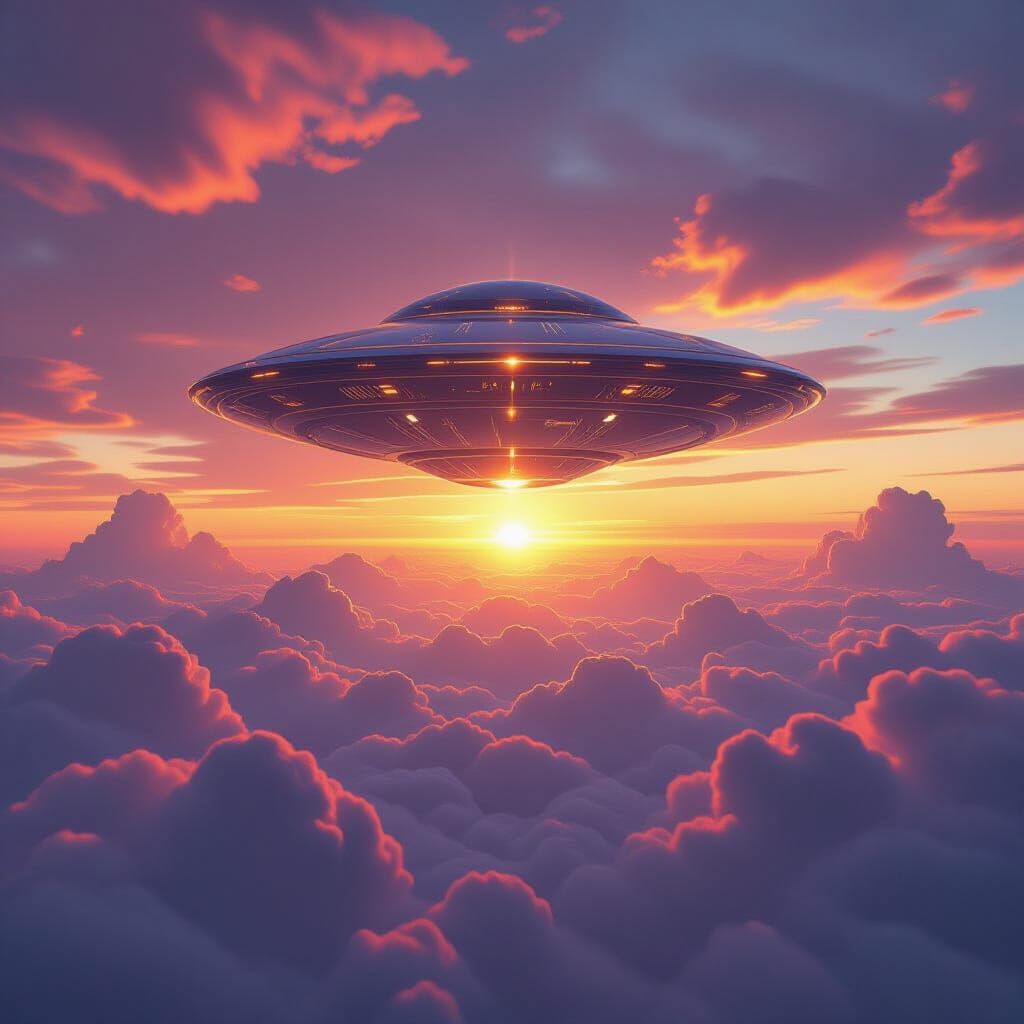 Advanced UFO Hovers Over Clouds at Sunrise