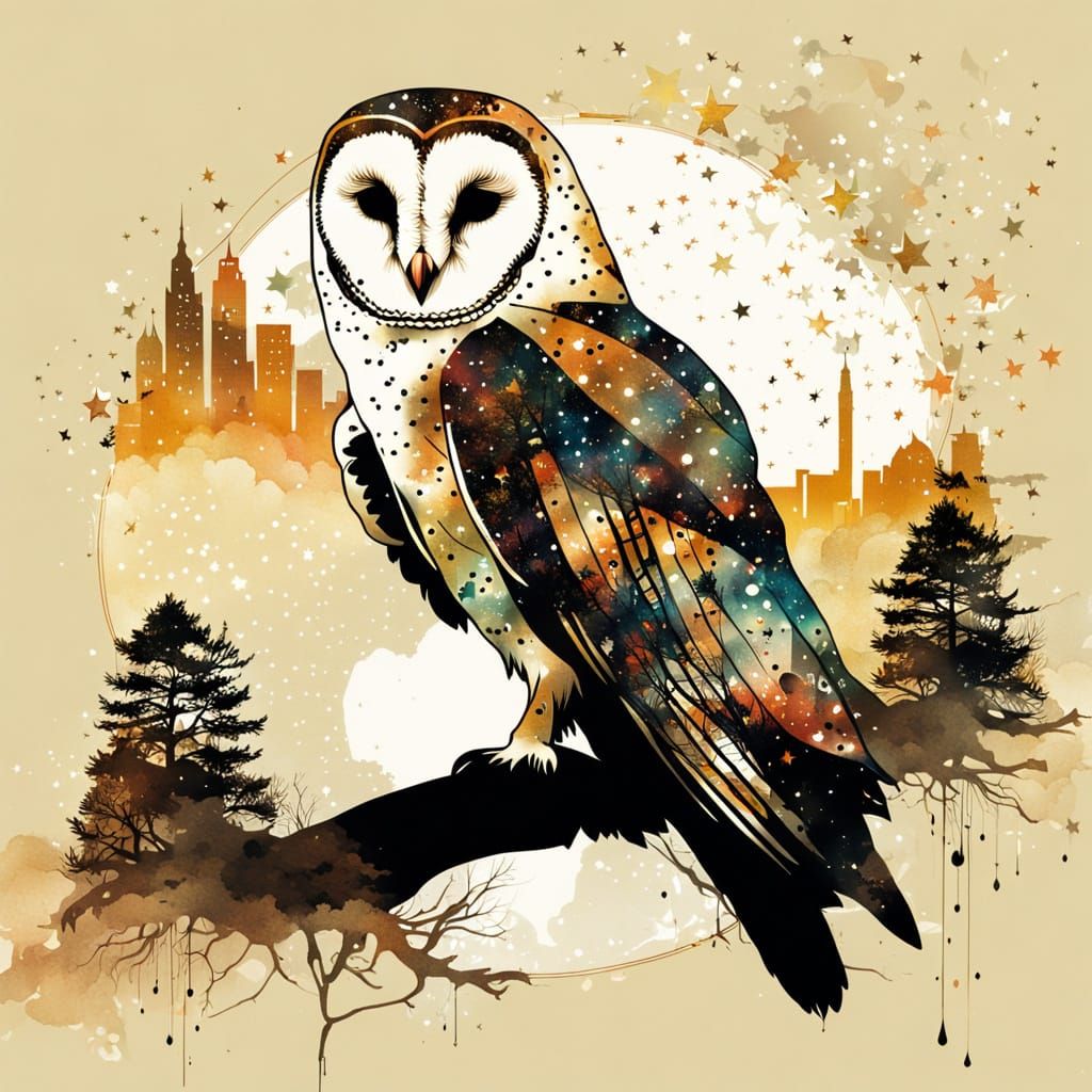 Whimsical Barn Owl Amidst a Celestial Tapestry