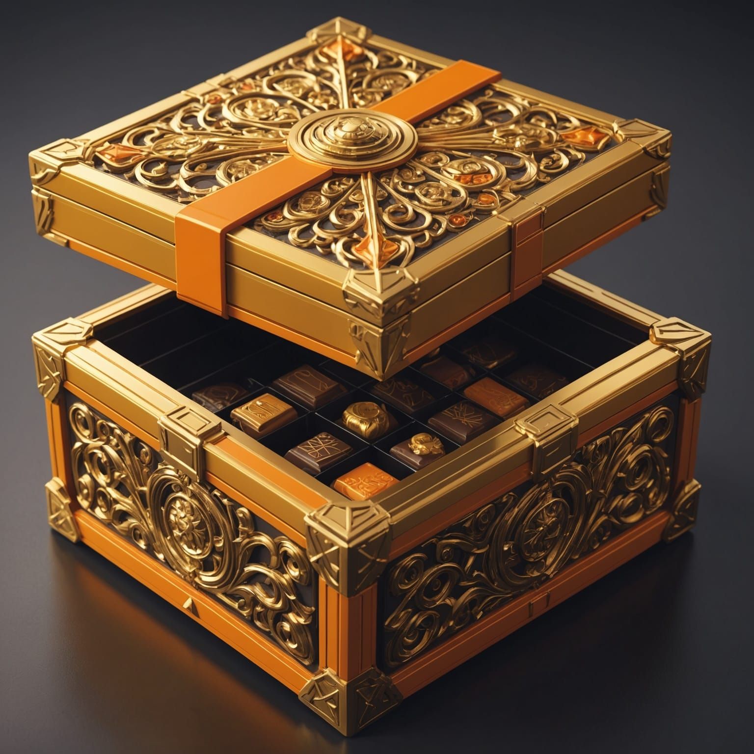 Detailed Gold and Orange Chocolate Box: Anime Style