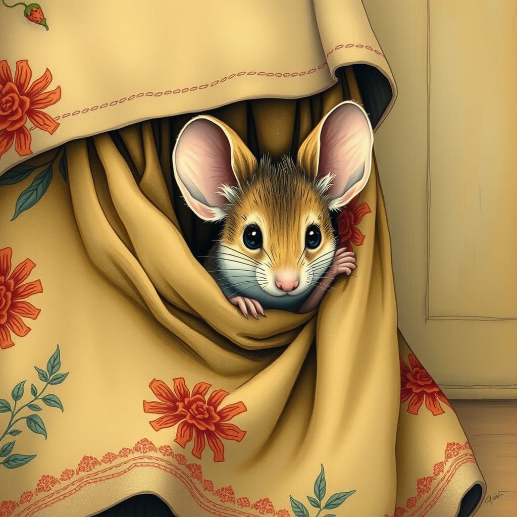 Baby Mouse Hiding: A Beatrix Potter Scene