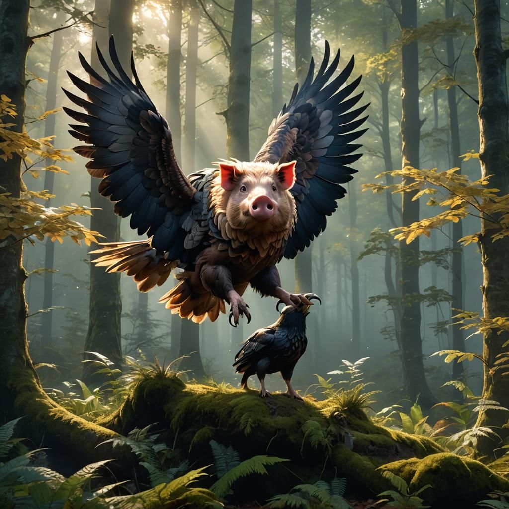 Majestic Pig-Eagle Creature in German Forest as 3D Anime