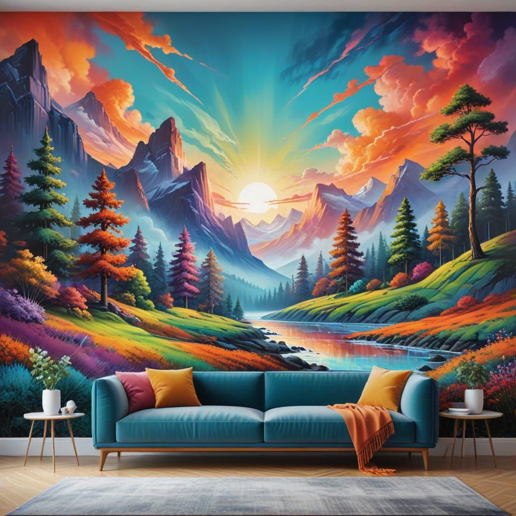 Vibrant Airbrush Mural with Abstract Landscapes