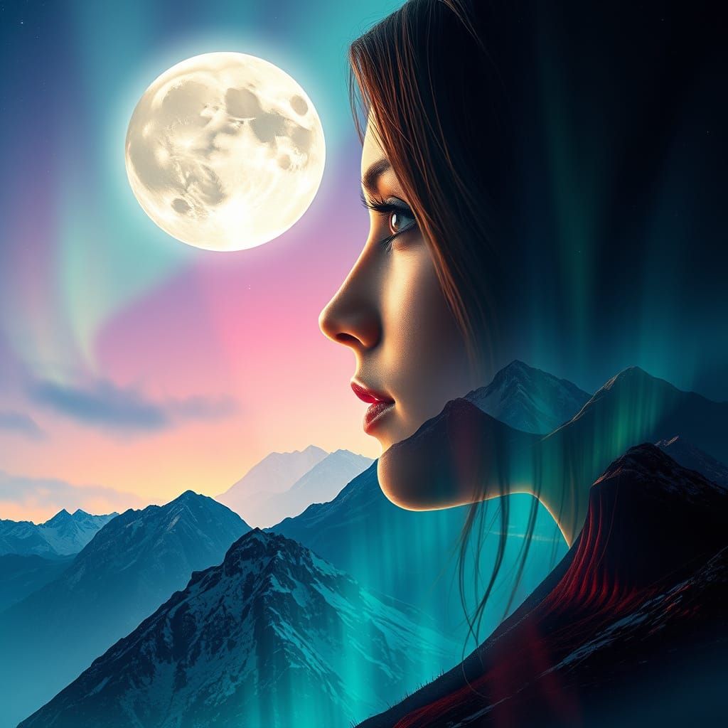 Double Exposure: Woman, Moon, and Aurora Borealis