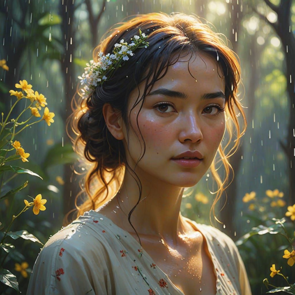 Impressionist Woman in Forest Oil Painting