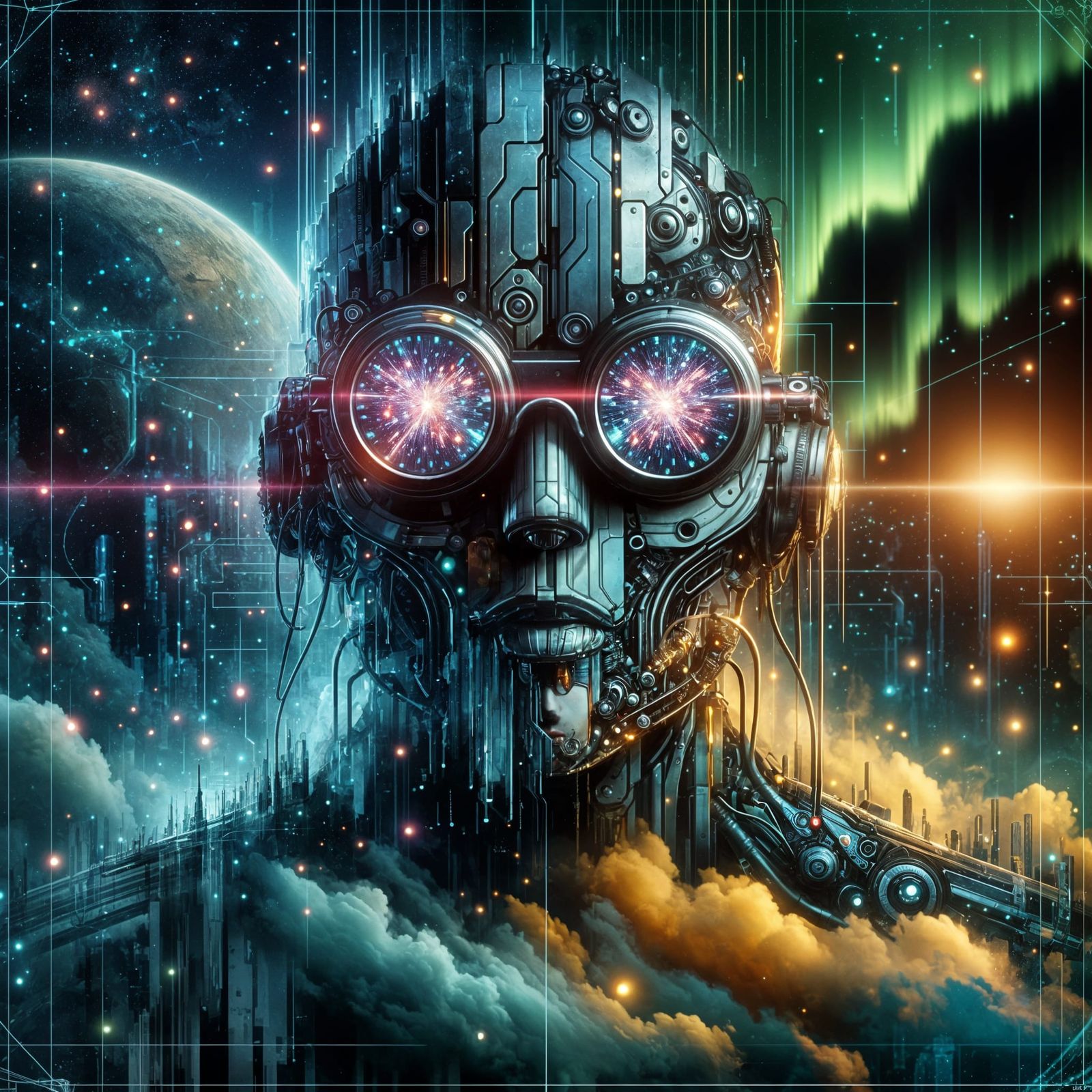 Surreal Cyberpunk Tech with Neon and Aurora