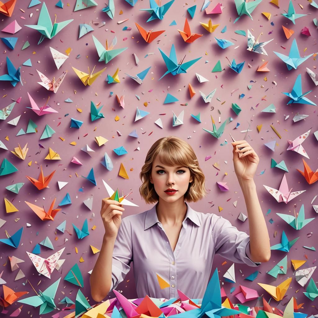 Origami Paper Crane in Whimsical Papercraft Style